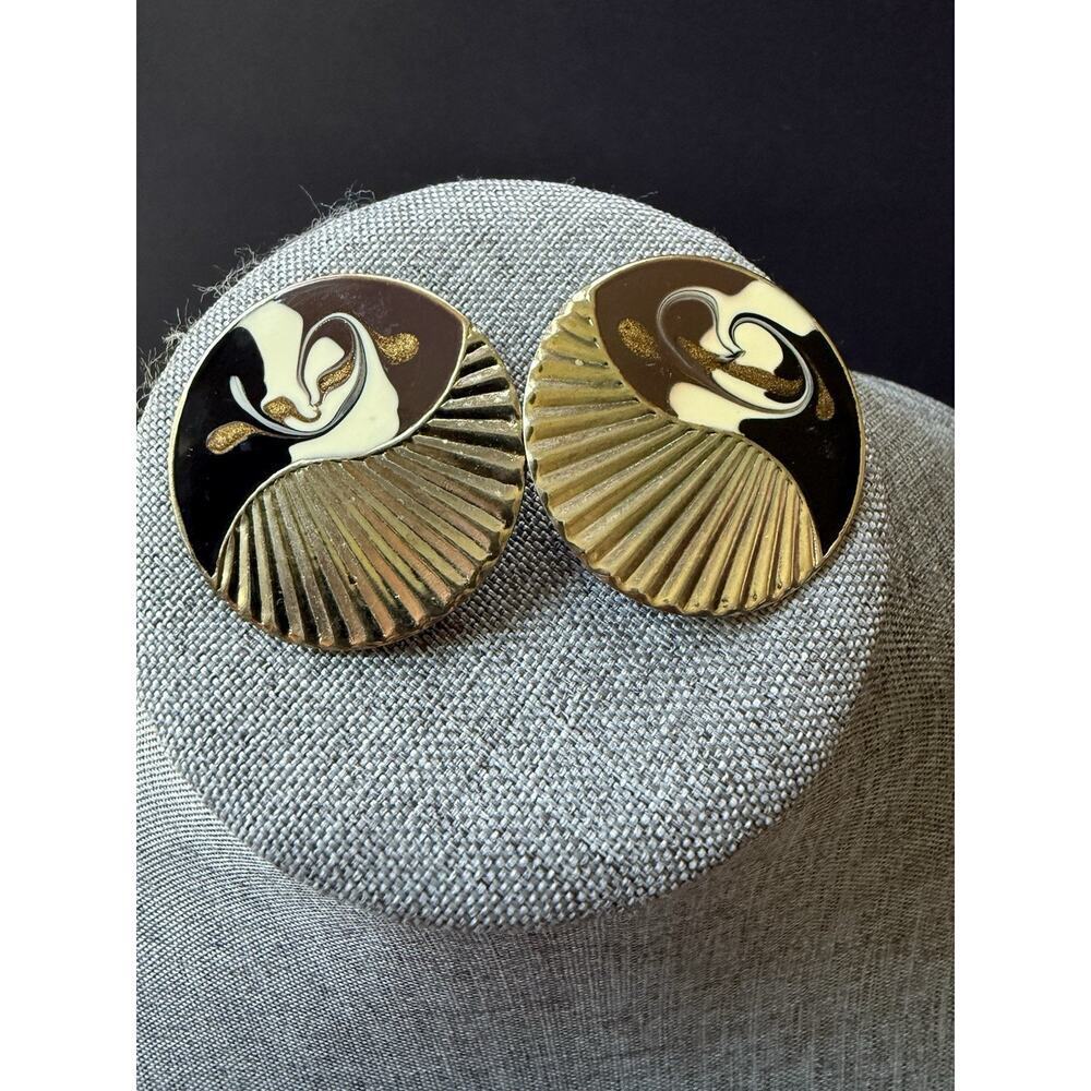 Vtg. Enameled Abstract Round Earrings Pierced Beige Gold 80s Y2K Cocktail Career